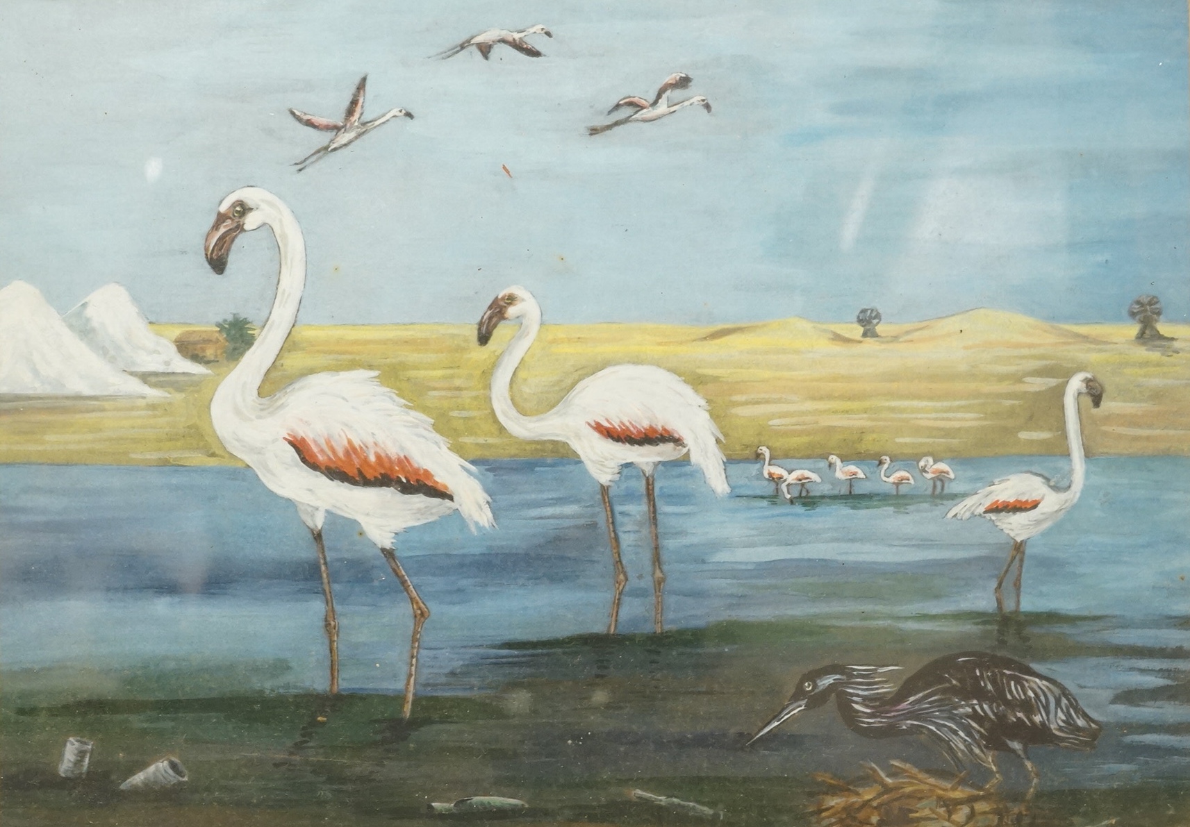 20th century school, Riverscape with flamingos, unsigned, gouache, 24 x 33cm